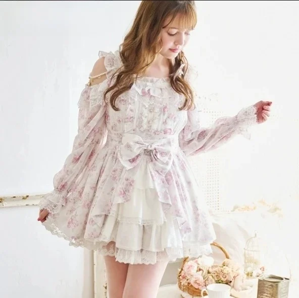 Nieuwe lente Japanse Liz Fairy off-the-shoulder parel bloemen bedrukte strikjurk + korte rok 2-delige set dames Lolita-jurkset - afbeelding 2