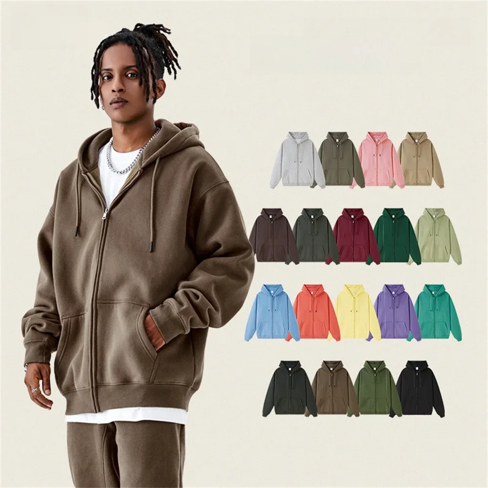 ZODF-Sweats à capuche zippés unisexes, Smile Zipper, At 350gsm, Chaud, Solide, Basique, Hiver, PVD Comb18 Couleurs, HY0726