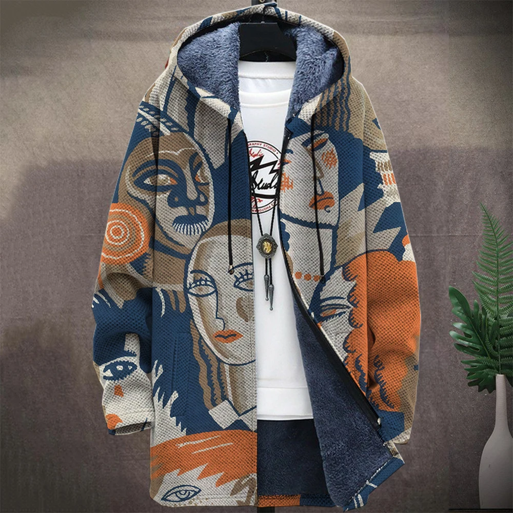 Men'S Abstract Block Graphic Winter Coat Print Native Retro Aztec Pattern Knitted Sweater Cardigan Zipper Hooded Thick Fleece