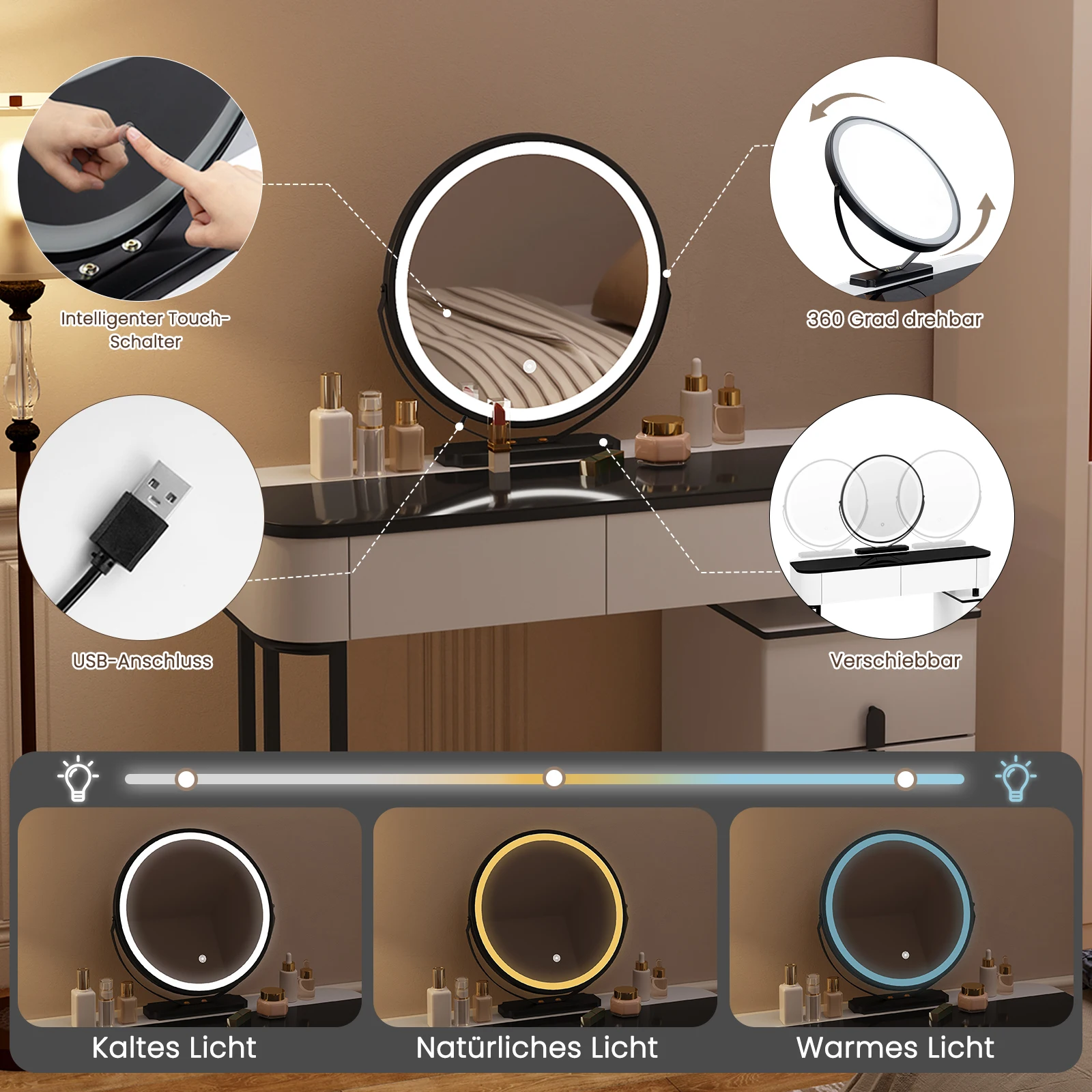 طاولة تزيين حديثة من WOLTU مع إضاءة LED 3 ألوان للفتيات والنساء وأدراج طاولة مستحضرات التجميل 1 خزانة جانبية