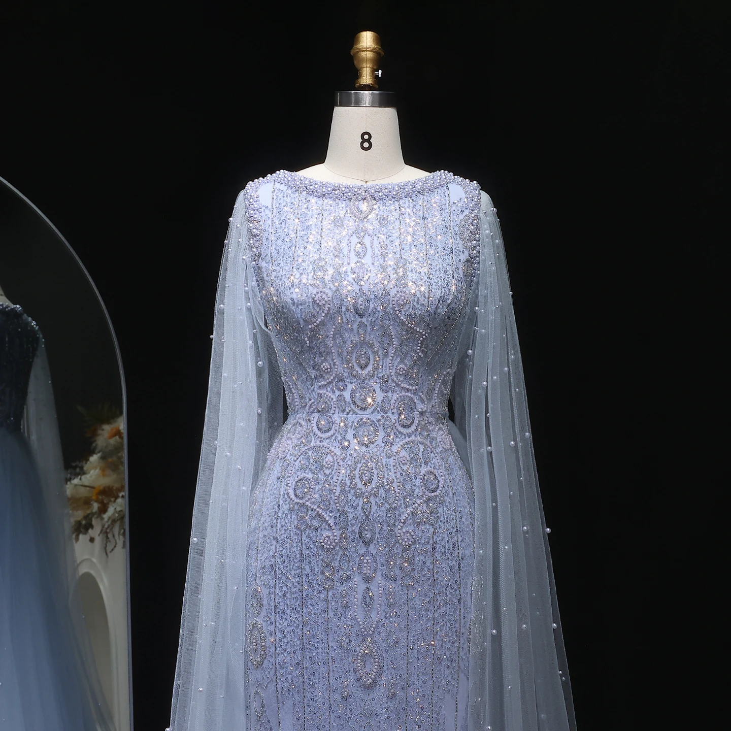 Sharon Said Luxuriöses Champagner-Abendkleid mit Cape-Ärmeln, Pailletten und Perlen, für formelle Anlässe und Partys, SS668, maßgeschneidert – Detail 16