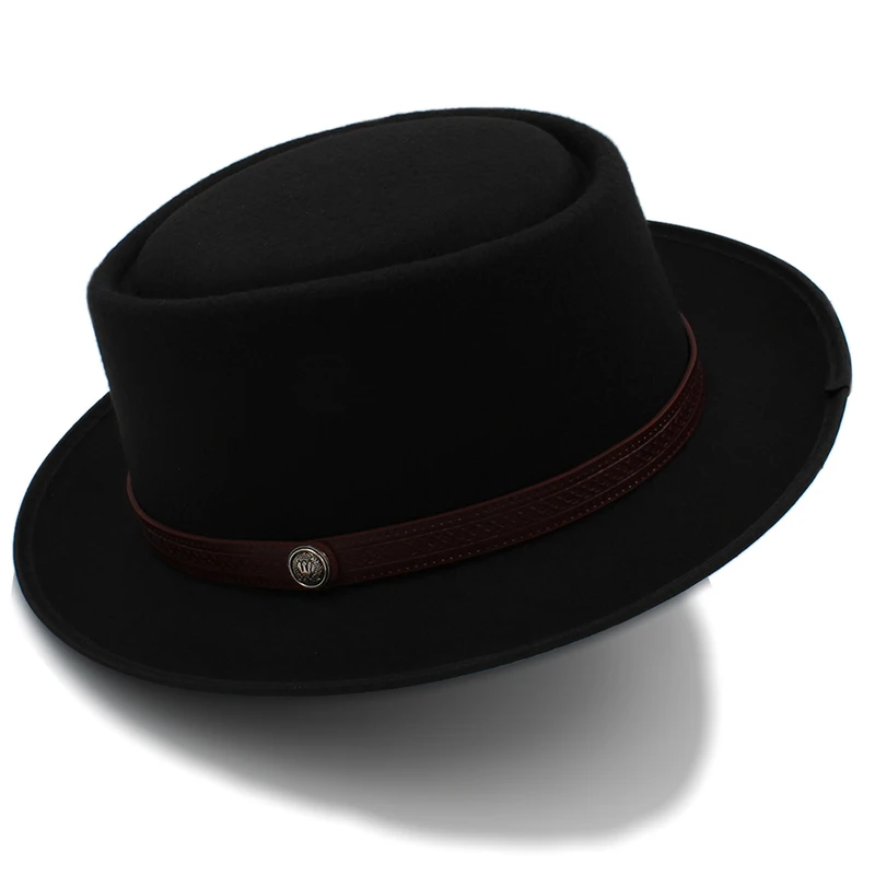 Vintage Porkpie-Hüte für Herren, einfarbige schwarze Fedora-Hüte, schlichte Porkpie-Hüte, Herrenmode, Sombrero Hombre, Chapeu Masculino, Show – Detail 3