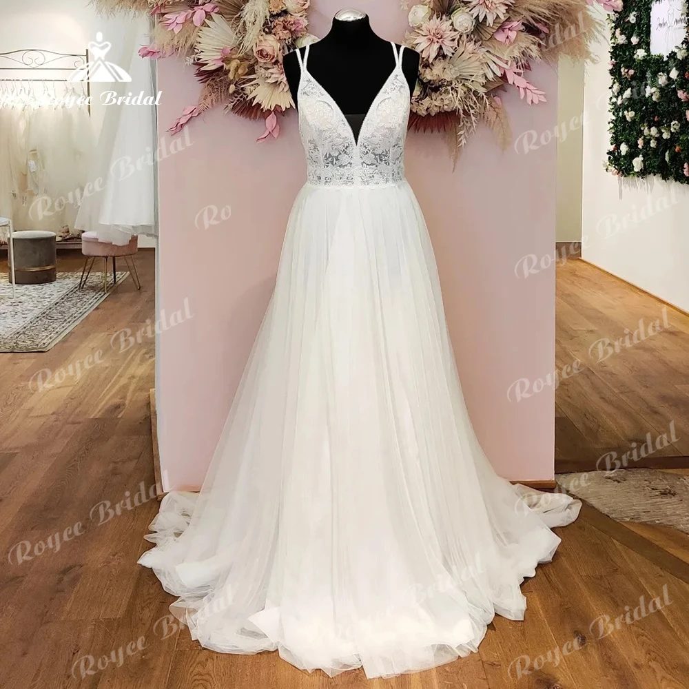 Roycebridal 스파게티 스트랩 신부 가운, Mariee hochzeitskleid 얇은 명주 그물 웨딩 가운, 여성용 2024
