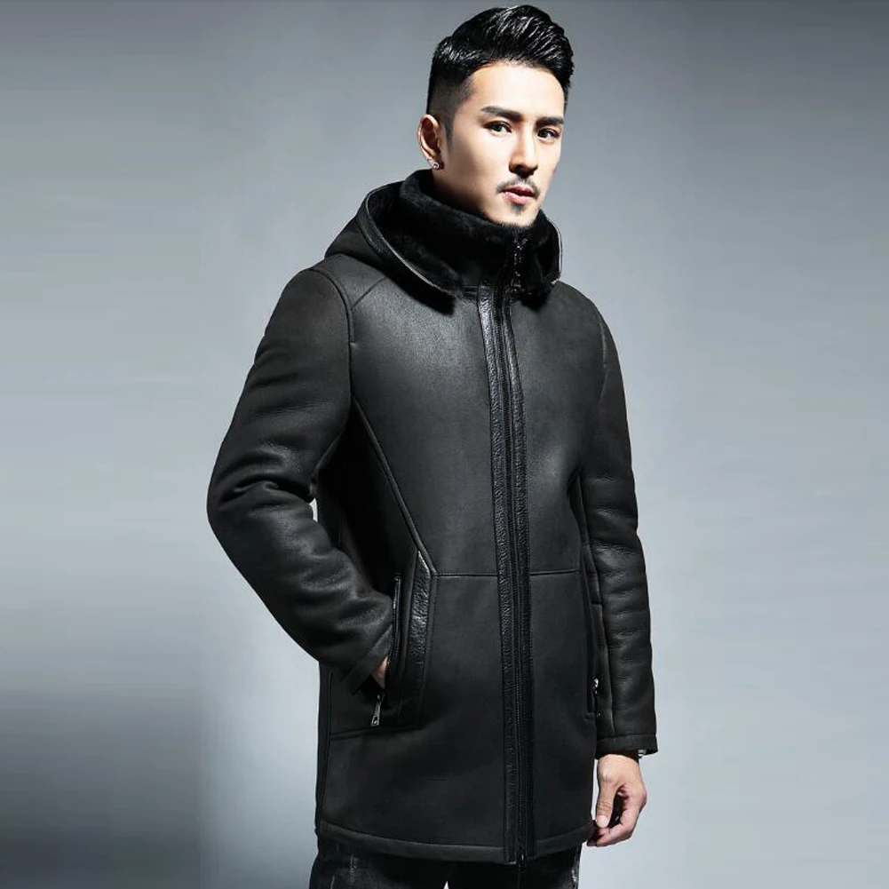 Denny&Dora Mens Shearling Jacket Mid-Length Sheepskin Coat Shearling Flight Jacket Black Shearling Coat