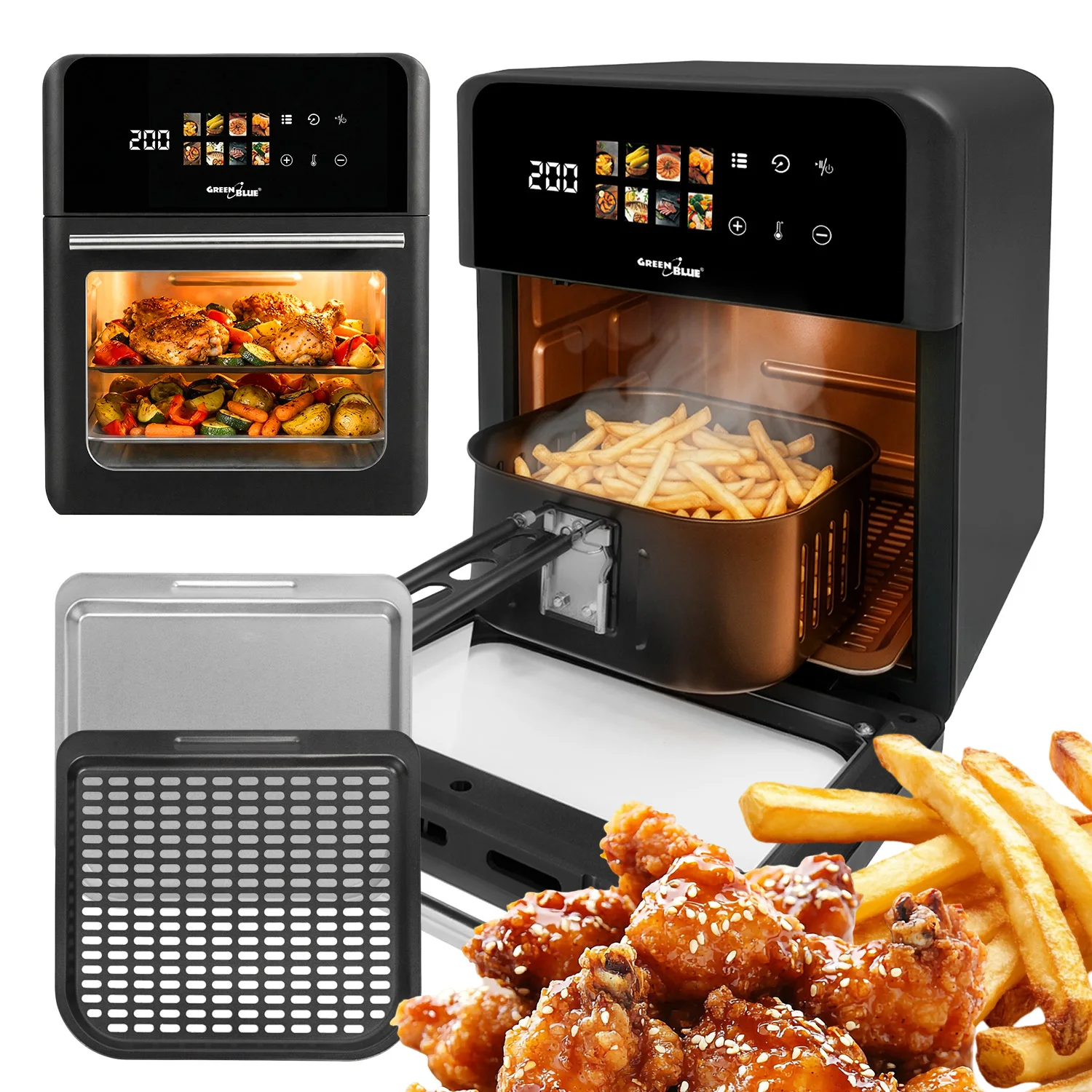 Image of Heißluftfritteuse Air Fryer 1800W 10L GreenBlue GB950 8 Programme Zubehör, Timer