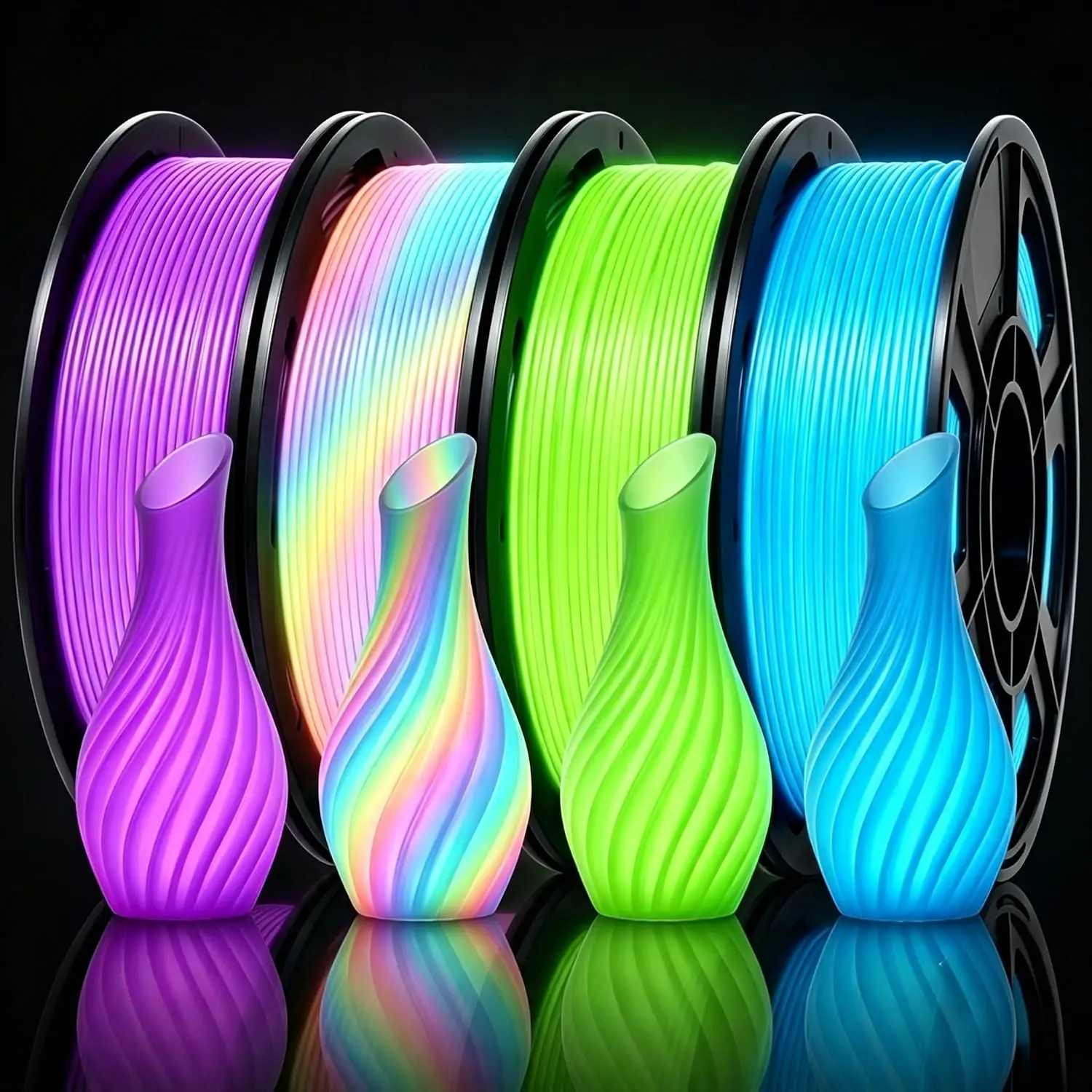Halloween 4-Pack PLA Glow-in-the-Dark 3D Printer Filament Assorted Colors Blue Green Purple Rainbow 250g Each 1.75mm Diameter