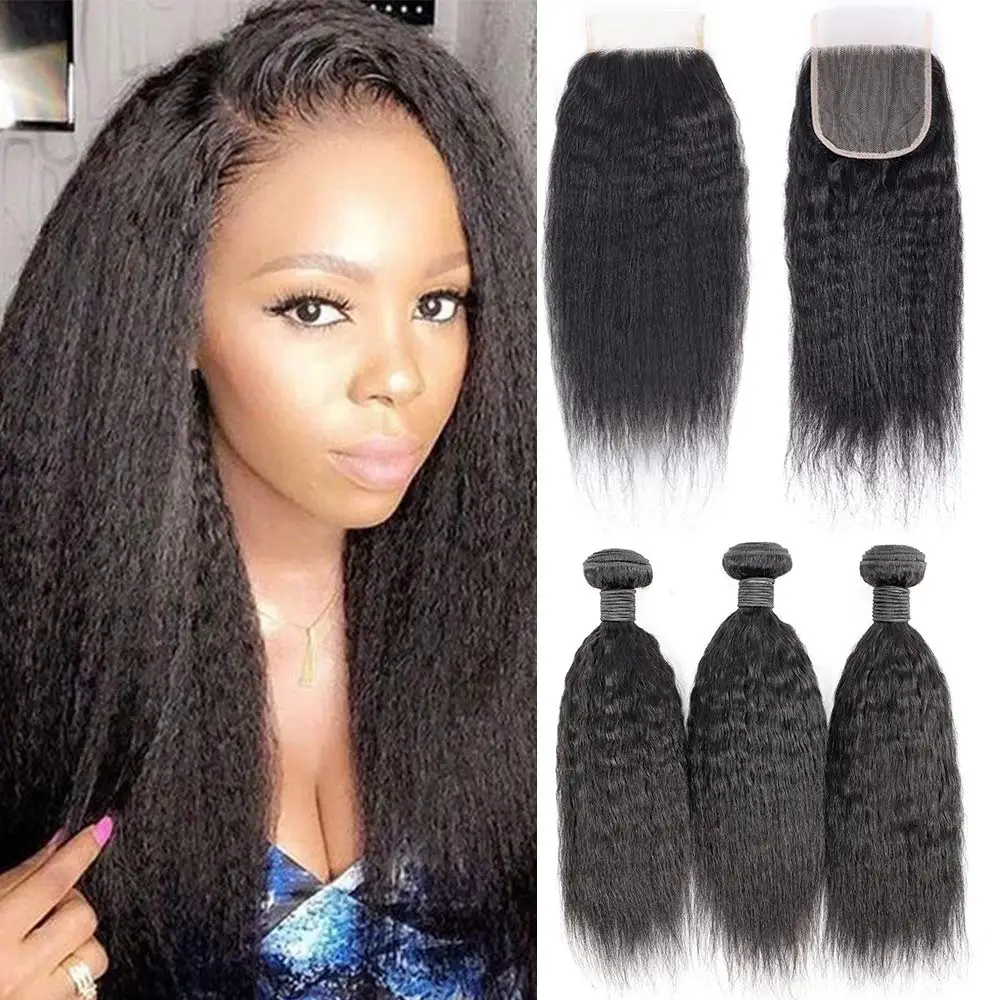 

Kinky Straight Peruvia Human Hair 3 Bundles With Closure 4x4 Free Part Lace Closure Brazilian Remy Yaki Straight