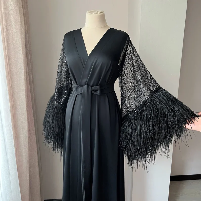 

Luxury Black Feather Robe Long Bridal Sheer Boudoir Robes Dressing Gown Satin Silk Diamond Wedding Lingerie Sequins Feather Robe