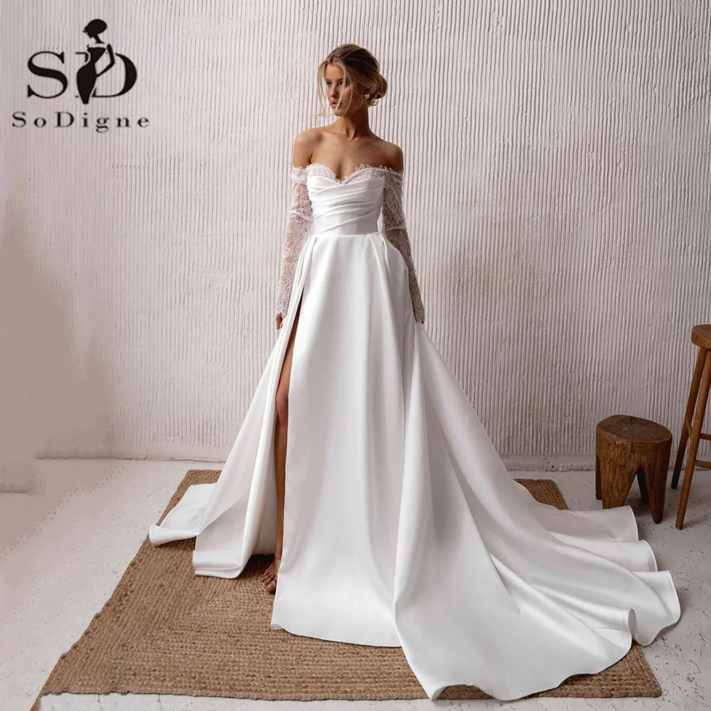 

SoDigne Elegant Modern Wedding Dresses Sweetheart Lace Long Sleeves Bride Dress Side Split A Line Satin Bridal Gown