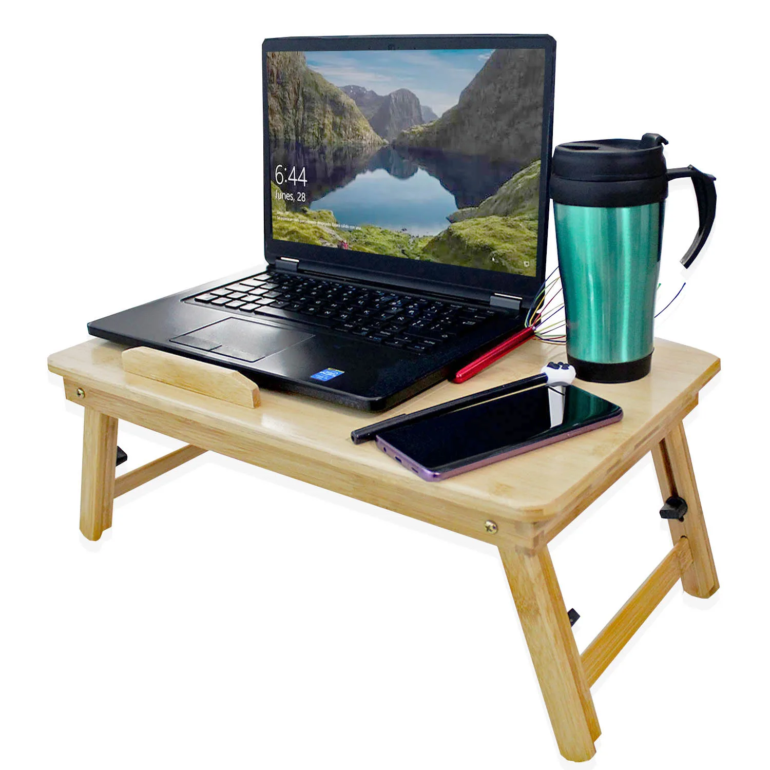 طاولة كمبيوتر محمول من الخيزران قابلة للتعديل الارتفاع والإمالة، حامل كمبيوتر محمول قابل للطي، مكتب محمول، صينية سرير للإفطار