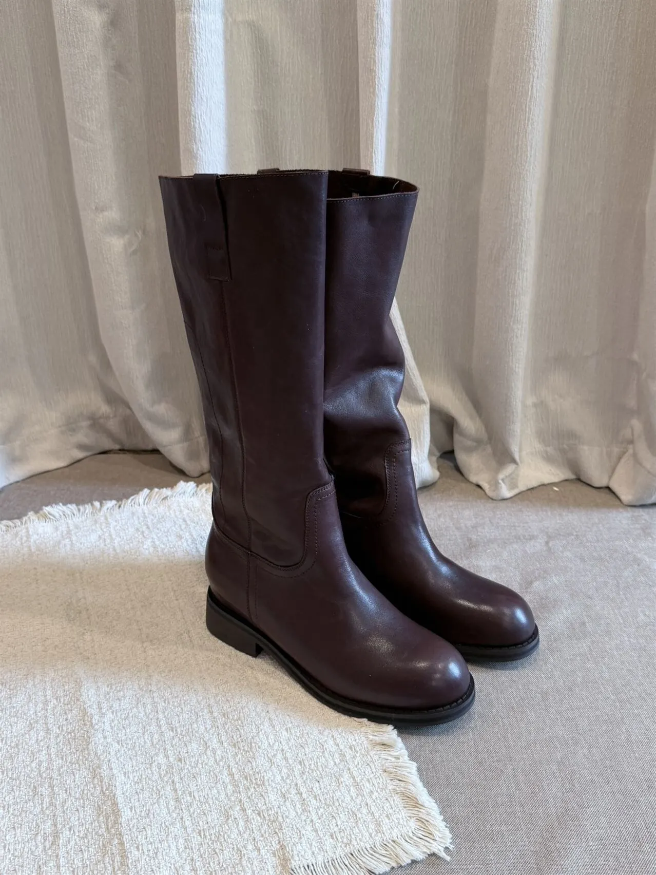 BANFANG Genuine Leather Long Boots Women 3.5cm Low Heel Slouchy Pleated Western Cowboy Knight Boots Slim Knee High Shoes