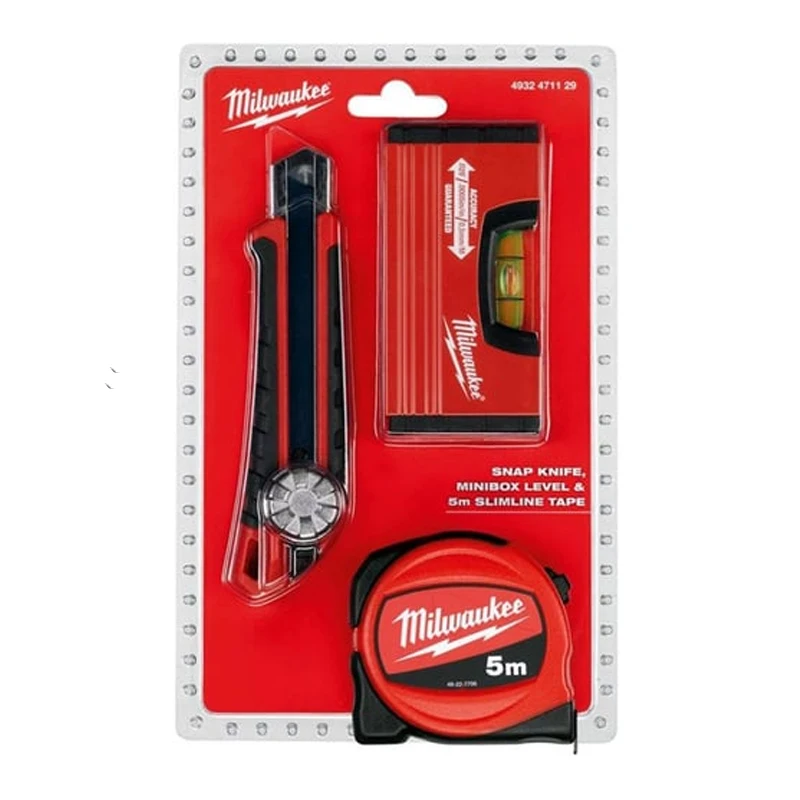 Milwaukee Minibox Spirit Level 18 mm Snap Knife and 5m Tape Measure Set Hand Tools Cutter Meters Leveling Equipment