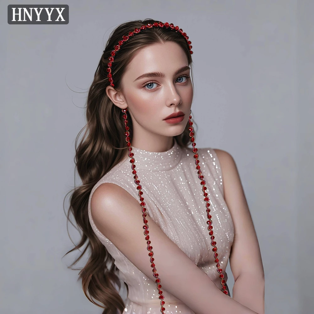 HNYYX كامل الأحمر كريستال طويل شرابة عقال للنساء موضة هيرباند حفل زفاف الزفاف إكسسوارات الشعر هدية A294