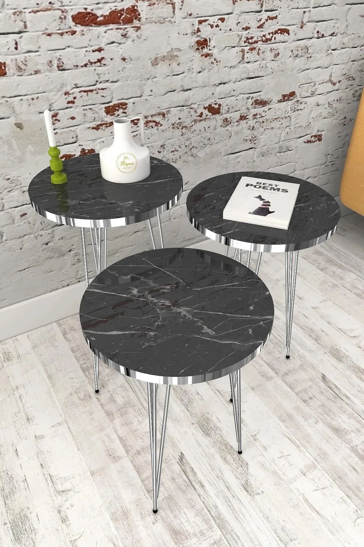 Set of 3 Nesting Tables Round Marble Pattern for Living Room Home High Quality Silver Metal Leg 3 Pcs Furniture Accessorys