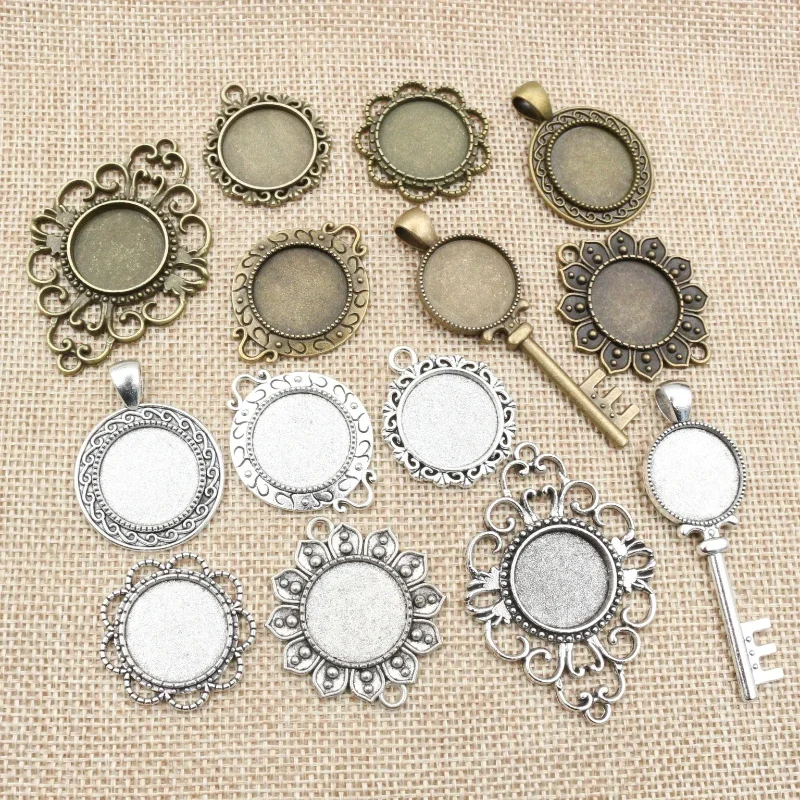 10 sztuk 14mm 16mm 18mm wewnętrzna rozmiar antyczny brąz posrebrzane tekstury styl połączenia Cabochon baza Cameo ustawienie Charms wisiorek — zdjęcie 2