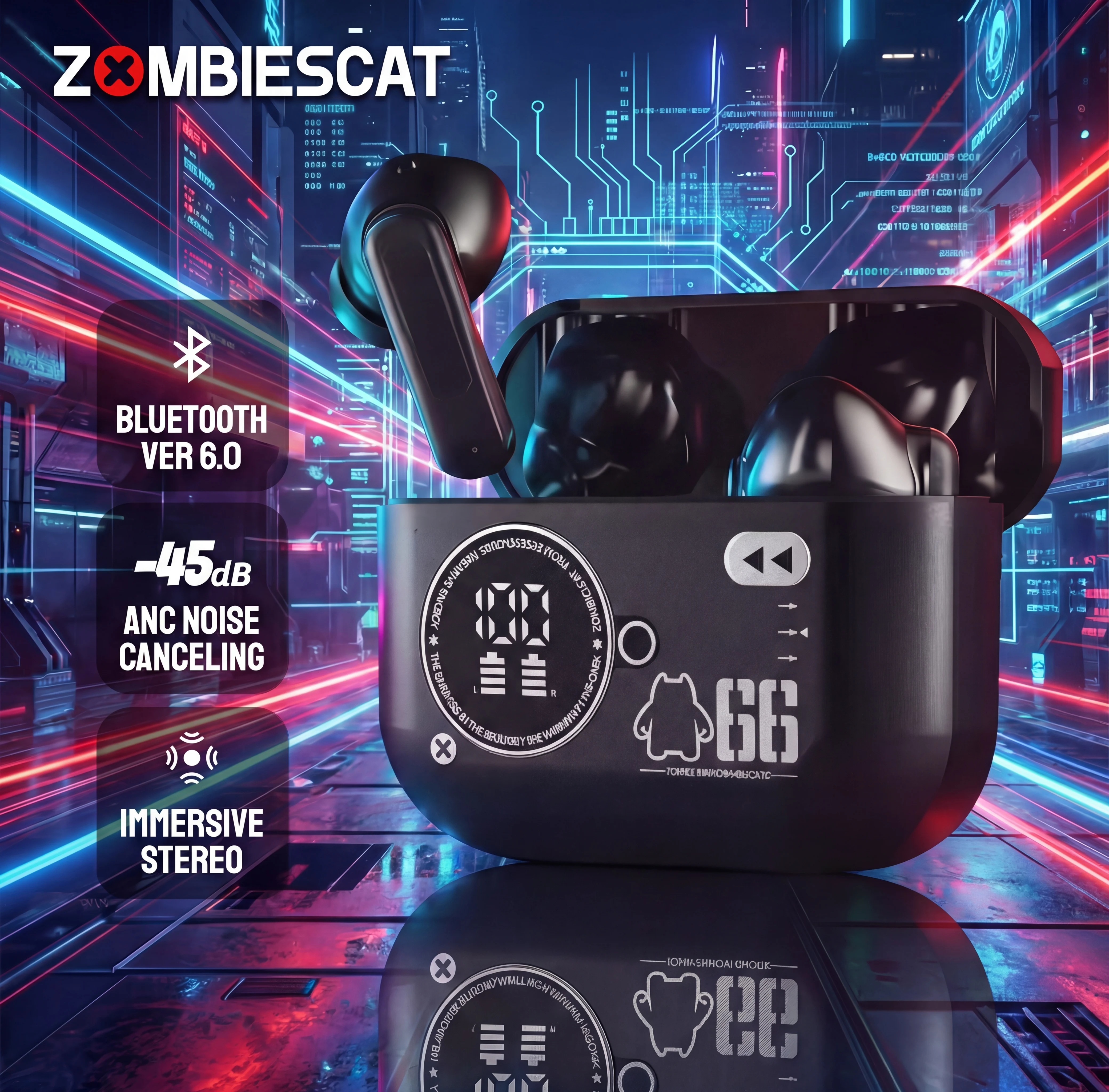 

Наушники ZOMBIESCAT B20 Alloy ANC с Bluetooth 6.0, шумоподавлением, LED-дисплеем, глубокими басами и низкой задержкой для игр