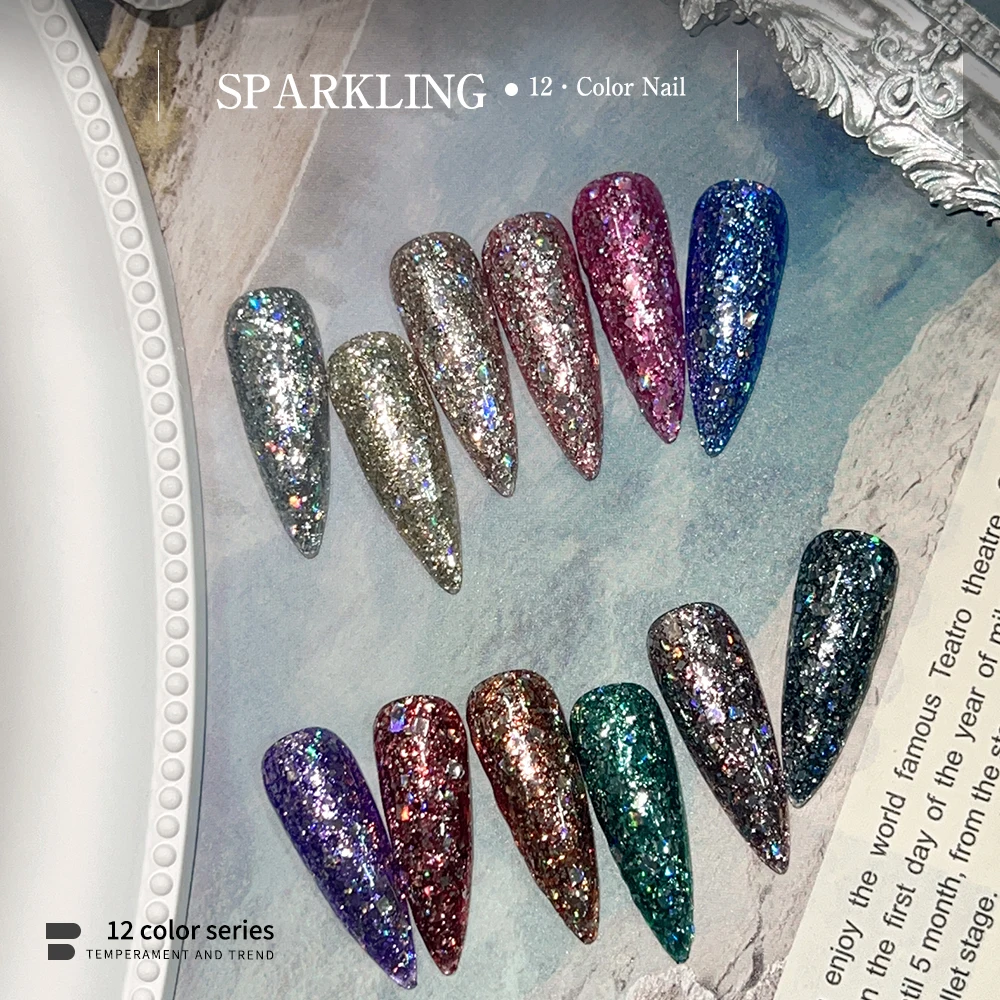 Vendeeni 12 Kleuren Glitter Gebroken Diamant Gel Nagellak Weken Van Uv Led Pailletten Gel Nagellak Voor Nail Art Design 12Ml