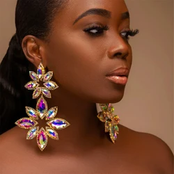 Pageant Statement Jewelry Silver Gold Color Long Big AB Crystal Rhinestone Flower Dangle Chandelier Earrings for Women