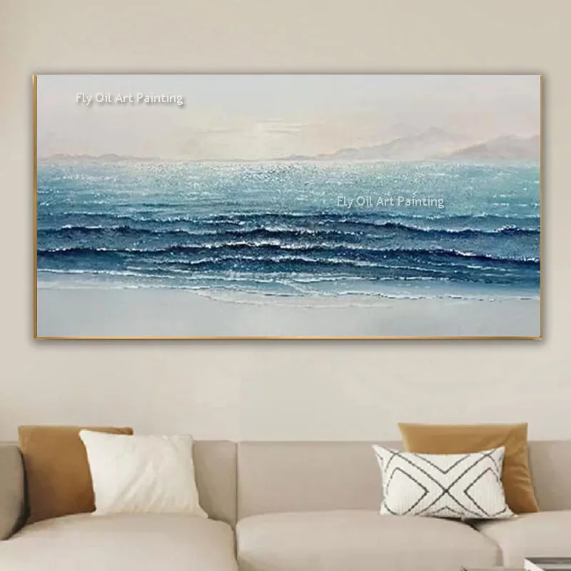 

Large Horizontal Abstract Ocean Oil Painting Handmade Blue Sea Canvas Wall Art Modern Coastal Scenery Picture for Living Room
