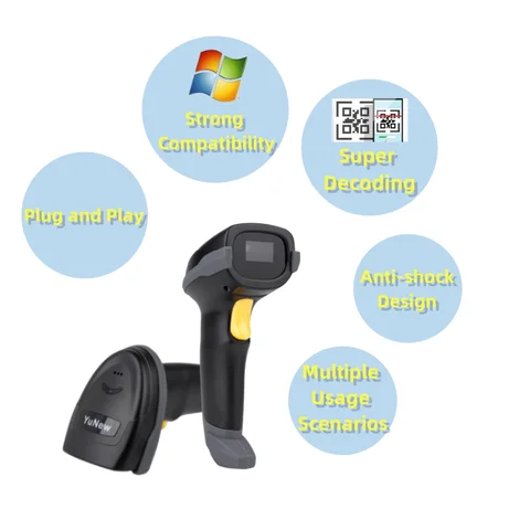 하이 퀄리티 2.4G 무선 2D 바코드 스캐너, 1D 레이저 휴대용 바코드 스캐너, 상점용 USB 리시버 포함