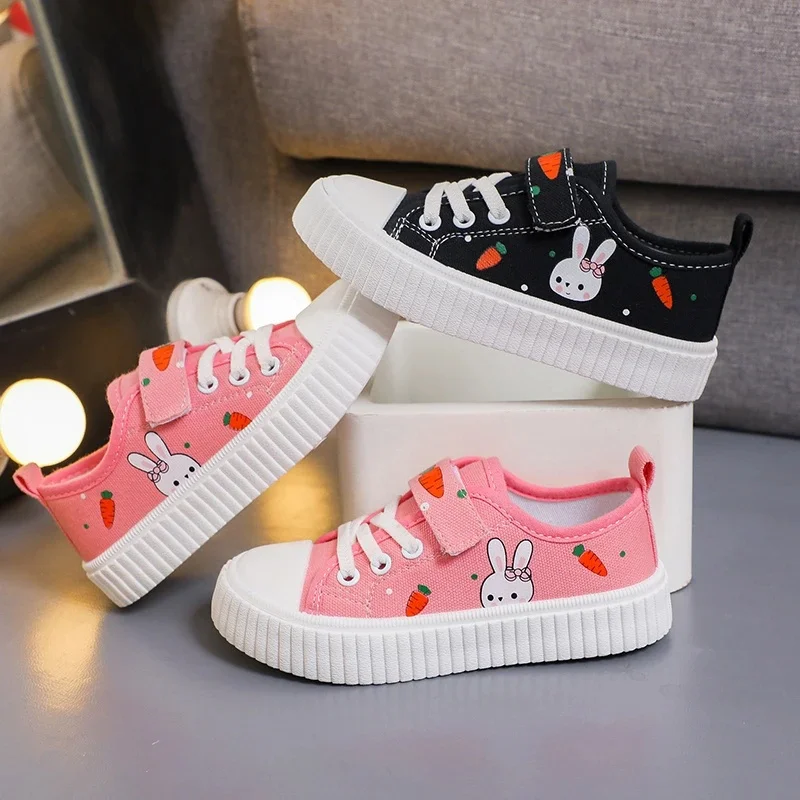 Baskets basses en toile pour filles, imprimé lapin carotte, boucle à crochet, rose, Adorable, confortable, respirant, pour tous les jours