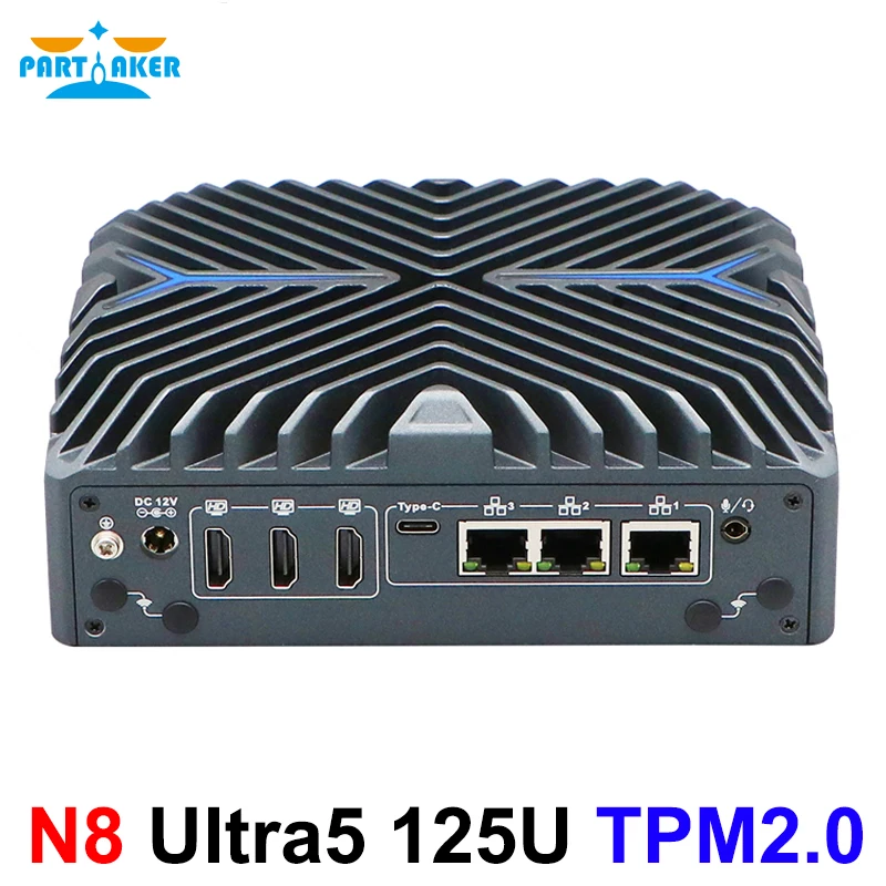 Partaker Mini PC 14th Gen Core Ultra5 125U 3 Lan DDR5 Four Display 4K Mini Type-C Display Industrial Nano Embedded Fanless PC