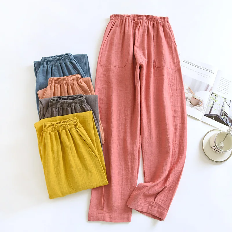 Pantalones de dormir 2024 de algodón para mujer, pantalón informal de Jacquard, de doble gasa, holgado, para el hogar, primavera y verano, 100%