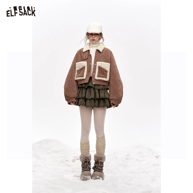 ELFSACK 2024 Nuovi arrivi invernali Cappotto corto vintage in finta peluche marrone con cuciture a contrasto