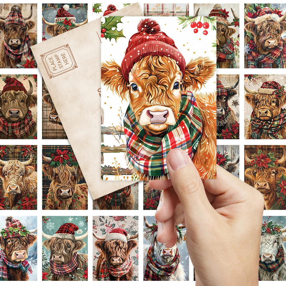 32 Stück, Weihnachts-Postkarte mit Highland-Kuhmotiv, Geburtstags-/Jubiläumsgeschenk, Sammlerstück, geeignet zum Verschenken, kann verschickt werden.