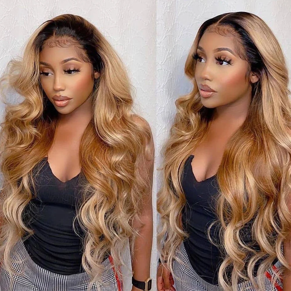 Perruque Lace Front Wig Body Wave brésilienne naturelle, cheveux humains, blond ombré HD 1B/27 30, sans colle, en vente, bon marché