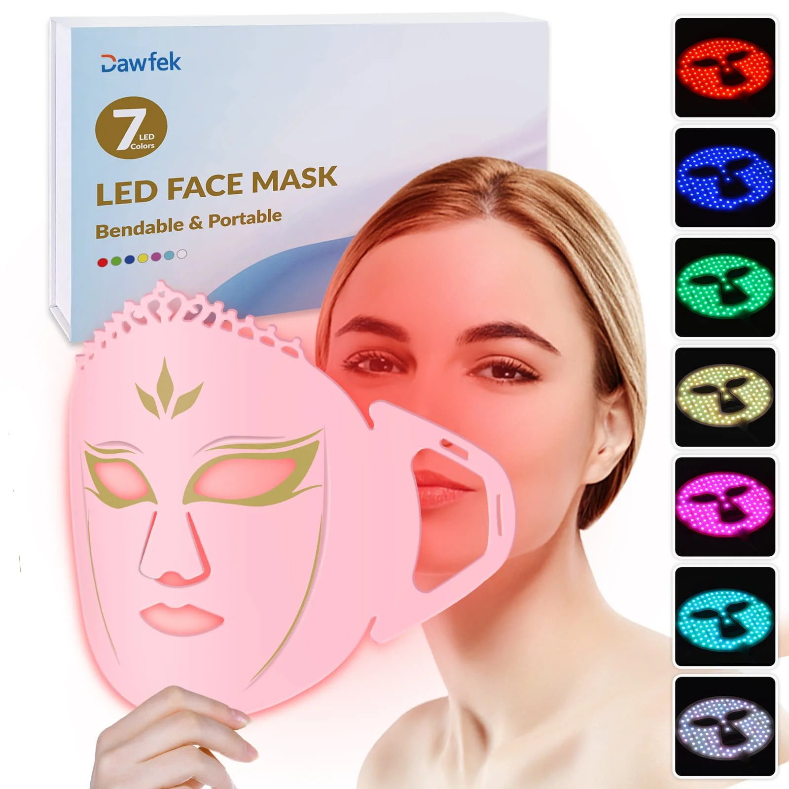 Dawfek Maschera per terapia della luce a LED a 7 colori, LED 360 pezzi, maschera facciale di bellezza portatile in silicone, a casa e in viaggio