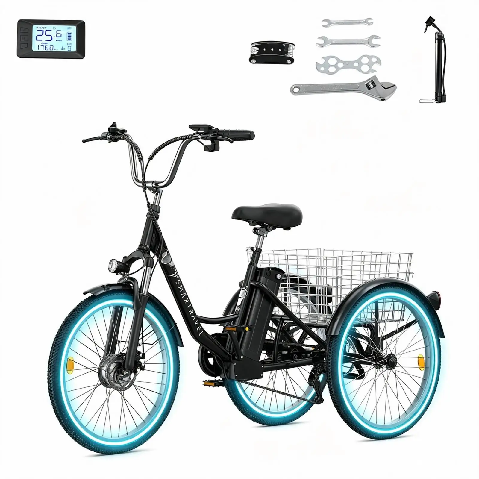 Elektro Dreirad 24'' mit Heckkorb M300, 36V 22,5Ah, 7 Gänge Schaltung, 50-80km Reichweite, 25 km/h, LCD Bildschirm, Daumengas, Mechanische Bremse, 250W Elektro-Lastendreirad für Erwachsene