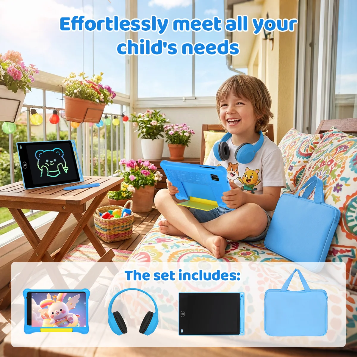 7" Kids Learning Tablet Bundle Writing Board Drawing Tablet Headphones Stylus Bag Parental Controls Android13 Quad Core 5GB+32GB