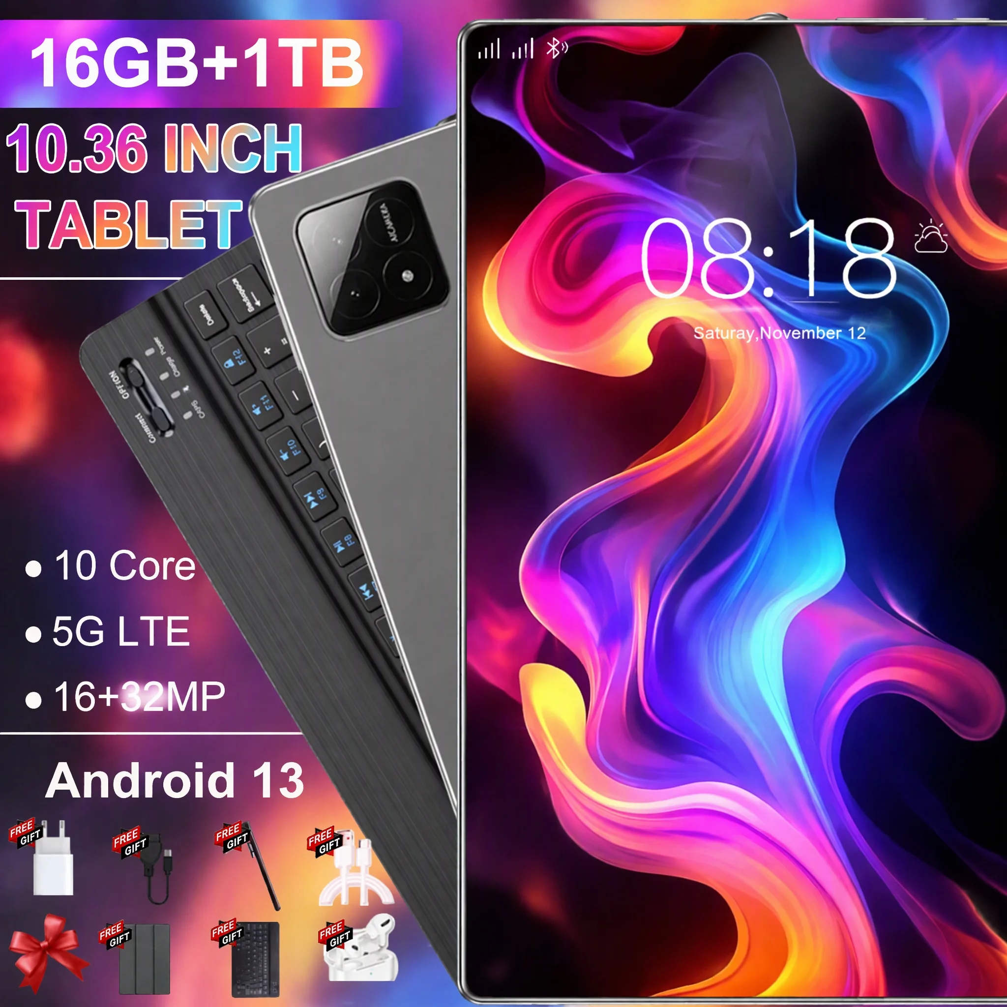 Tableta Android con Wifi 2026, Versión Global, 10.36 Pulgadas, Batería de 12000 mAh, Procesador de 10 Núcleos, 16 GB + 1 TB, Cámara Dual de