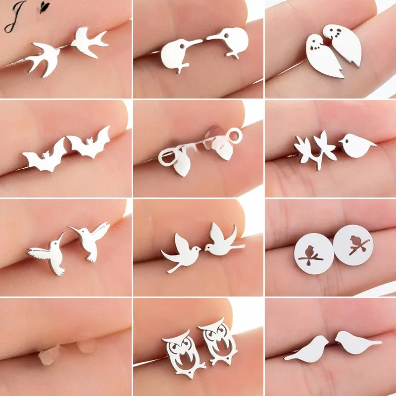 Boucles d'oreilles multiples en acier inoxydable, bijoux d'oiseaux, tendance 2026 pour femmes et filles, mignon grue perroquet abeille colibri, clous oorbellen