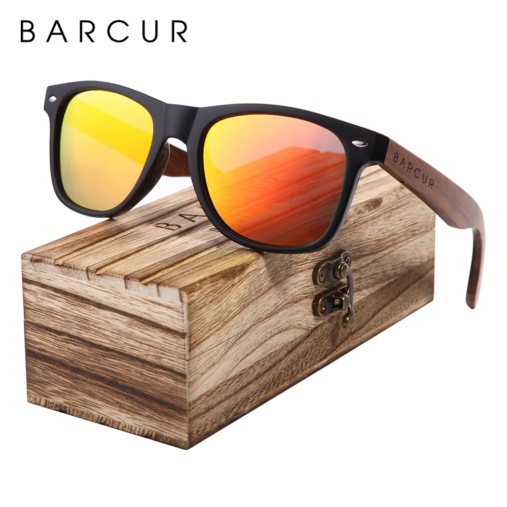 BARCUR Black Walnut Sunglasses High Quality Anti Blue Night Vision Men Women Mirror Sun Glasses UV400 Protection Free Wood Box