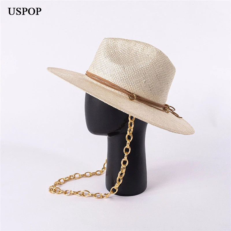 USPOP New Straw  Hats Summer Wide Brim Hats  Beach Hat Natural Sisal Sun Hat With Chain