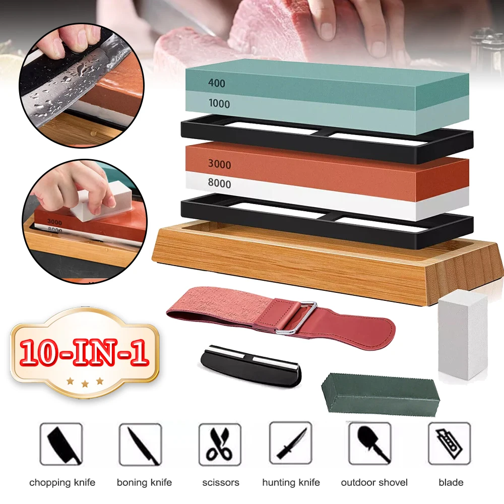 Professionelles Schleifstein-Set 400/1000/3000/8000/RIT, Premium-Schleifstein mit Bambusunterlage, nicht aus Gummi, Winkelführung, Lederstreifen, 4-seitiges graues Schleifstein-Set 400/1000,