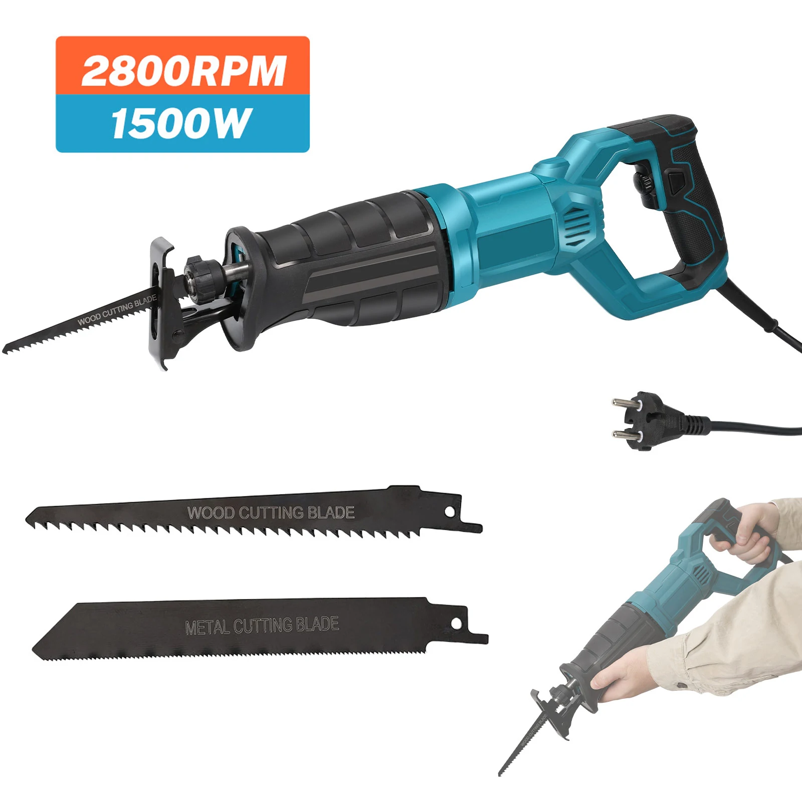 Scie alternative puissante 1500W 240V scie sabre électrique à vitesse Variable avec outil moins de changement de lame, bouton de verrouillage et 2 lames de scie