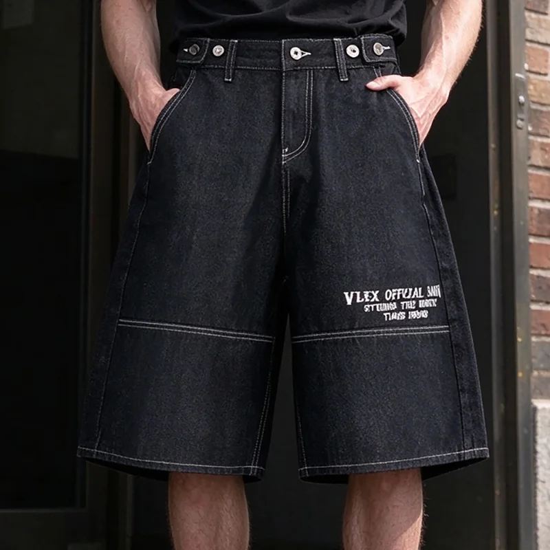 Men's Black Baggy Denim Shorts Wide Leg Loose Fit Graphic Design Pockets Contrast Stitching Casual Summer Streetwear Jorts Jeans