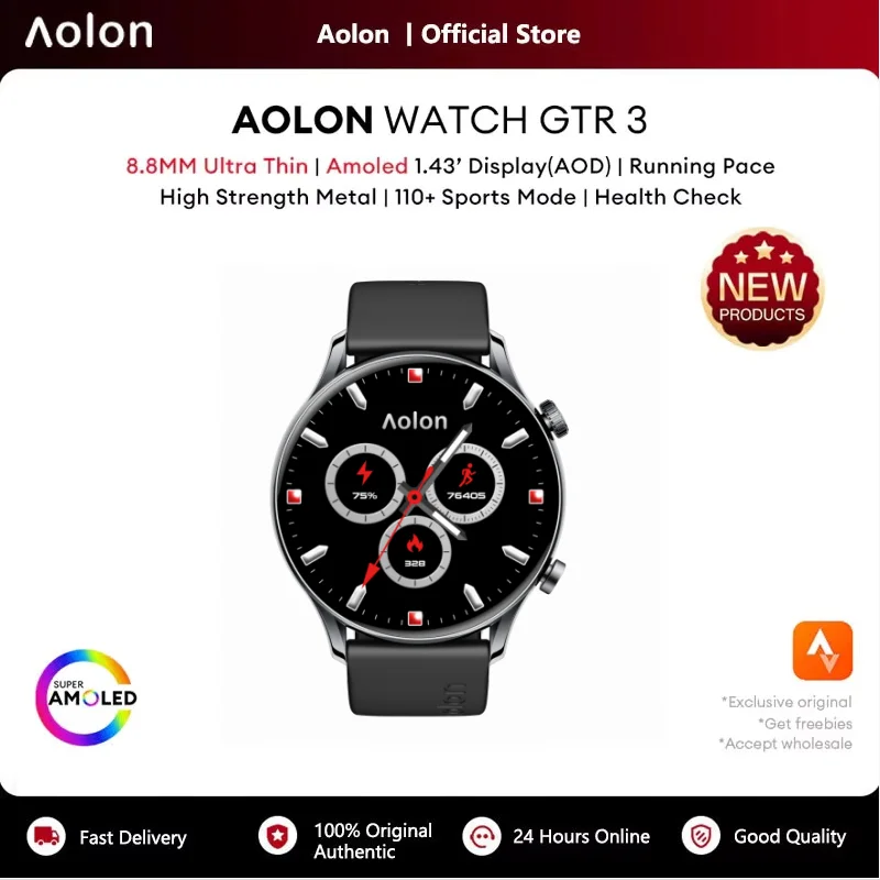 Aolon GTR3 Smartwatch 8.8mm Ultra-Thin 1.43"AMOLED Bluetooth WhatsApp Call IP68 Waterproof 110+Sports Fitness Tracker Smartwatch