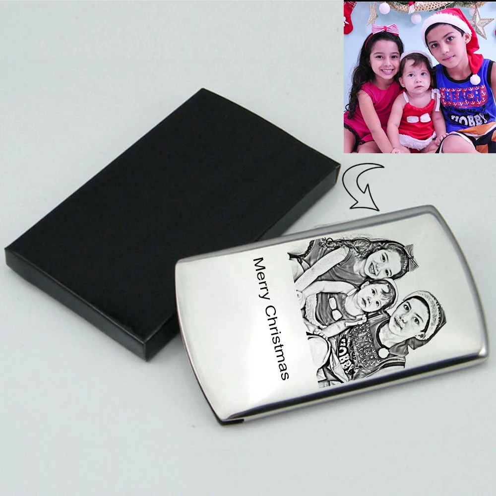 

2022 Personalized Customized Photo Metal Stainless Steel Card Holder Thumb Slide Out Credit Business Pocket Case For Men's Gift