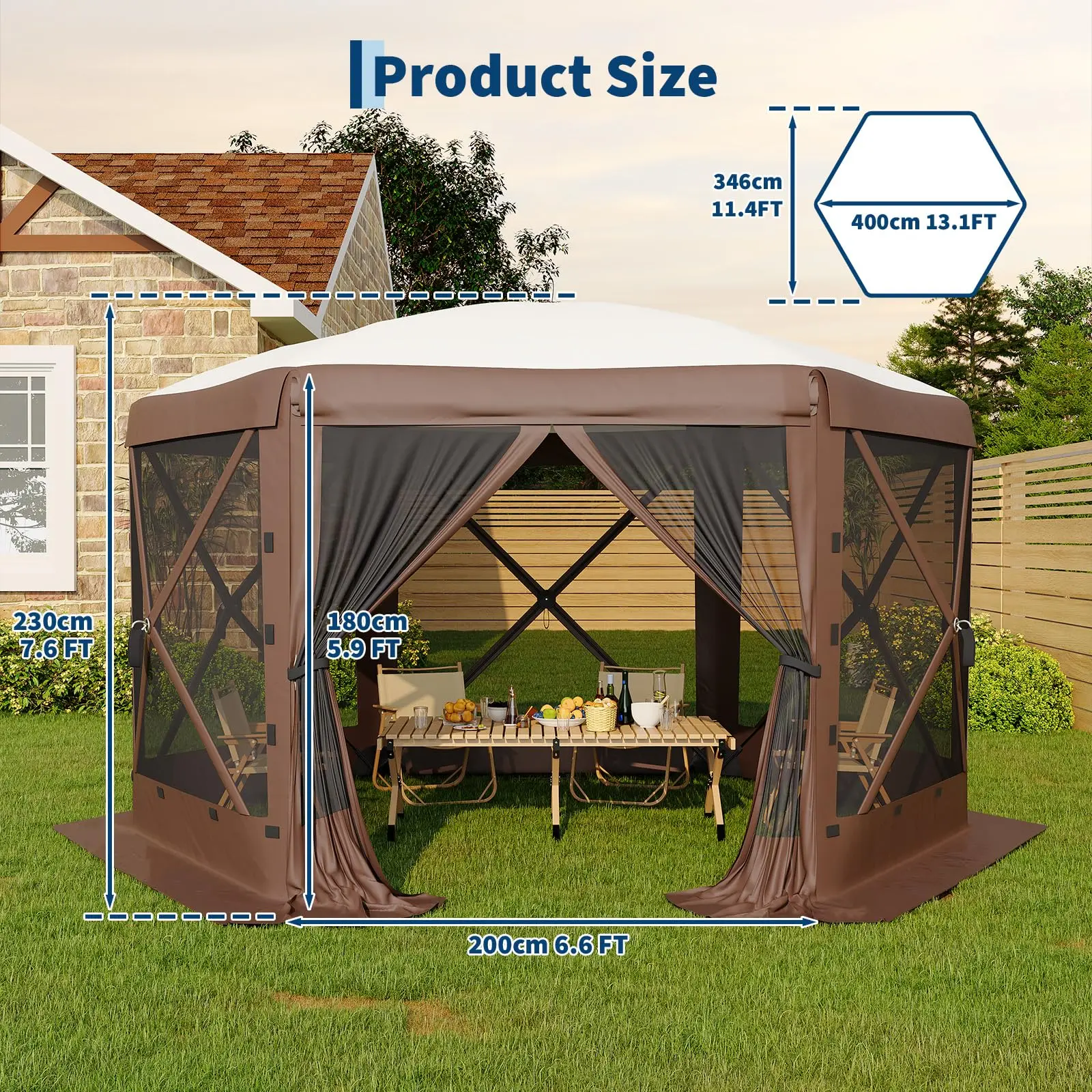 13FT Pop-Up Gazebo 6-Sided, Outdoor Canopy Tent with Mosquito Netting & Removable Wind Cloths for Camping, Backyard Parties, Outdoor Events, Beige & Khaki