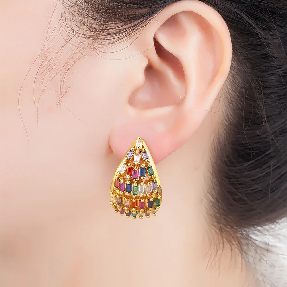 Nidin Classic New Design Waterdrop Shape Pave White/Colorful Zircon Stud Earrings For Women Light Luxury Ear Jewelry Accessories