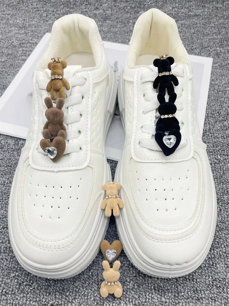 Breloques en forme de lapin et de lacet en strass, 6 pièces, ABS, ours scintillant, décor de cœur, accessoires de chaussures, bricolage, Clips de chaussures noirs et bruns, adaptés aux bottes