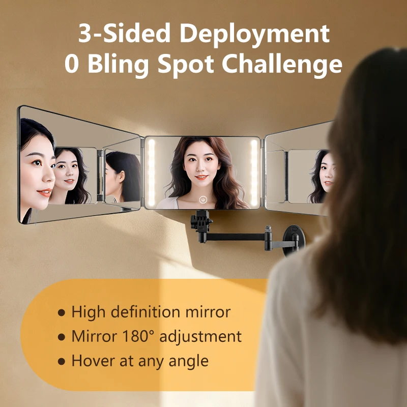 Wall Mounted 360° 3 Way Hair Cutting Mirror LED Bathroom Vanity Mirror Trifold Folding Mirror Adjustable Light Makeup Shaving