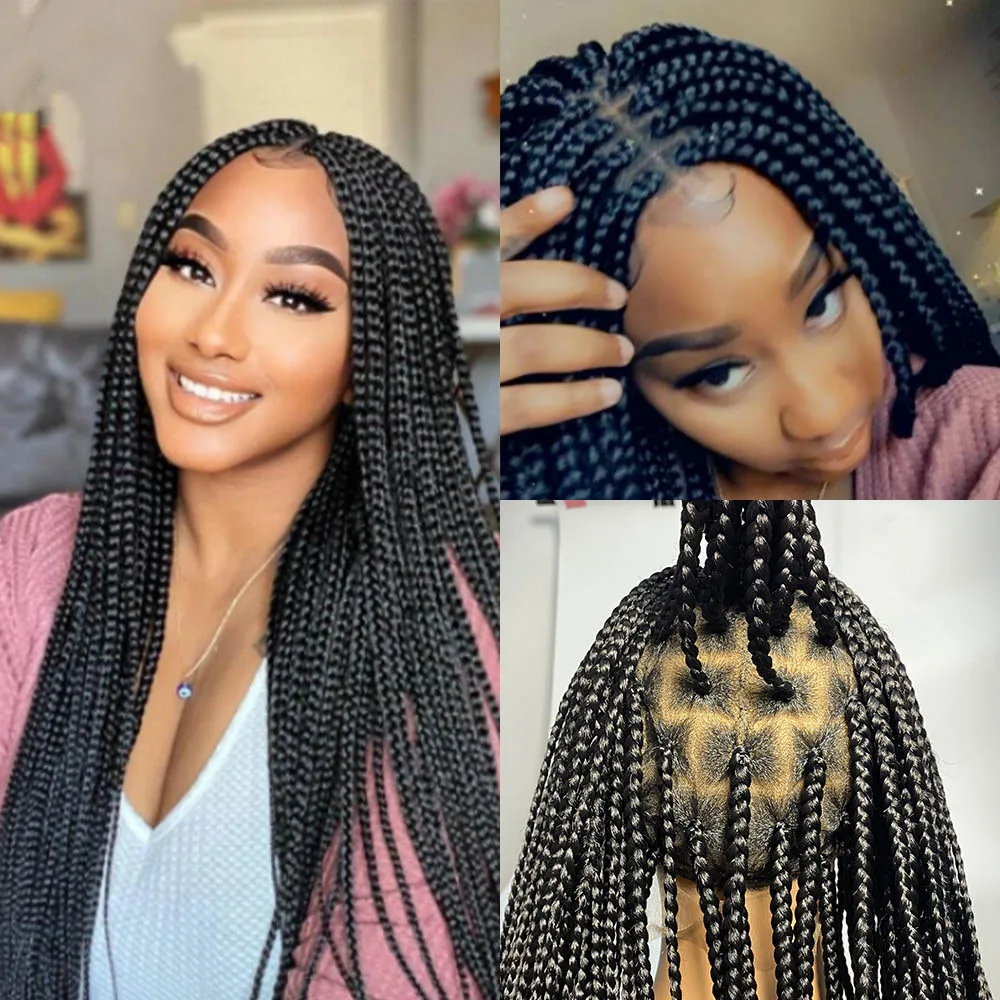 

36Inches Braided Wig African Synthetic Hair Knotless Full Lace Wig Pre-plucked Hairline for Black Women Cheap America Afica Wigs