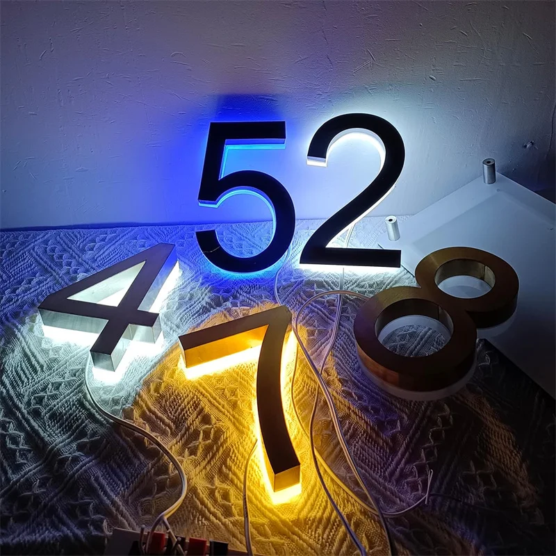 

Custom LED House Number Signs, 3D Backlit Illuminated Letters Light Modern Residential Door Plate Metal with Acrylic