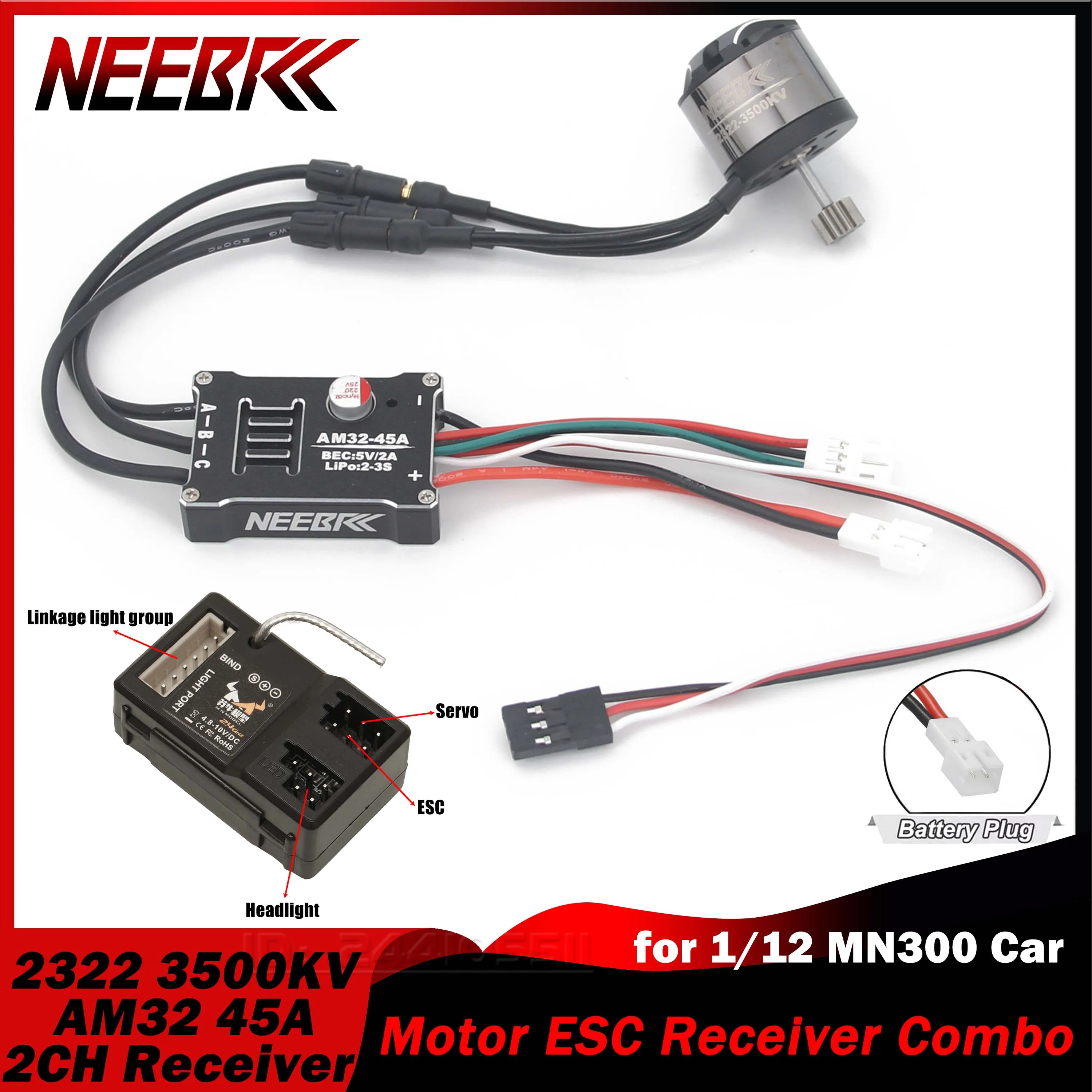 

NEEBRC 2322 3500KV Мотор AM32 Металлический 45A Бесщеточный ESC 2CH 2.4G Комбинированный приемник для 1/12 MN300 RC Альпинистский танк Обновление автомобиля Деталь