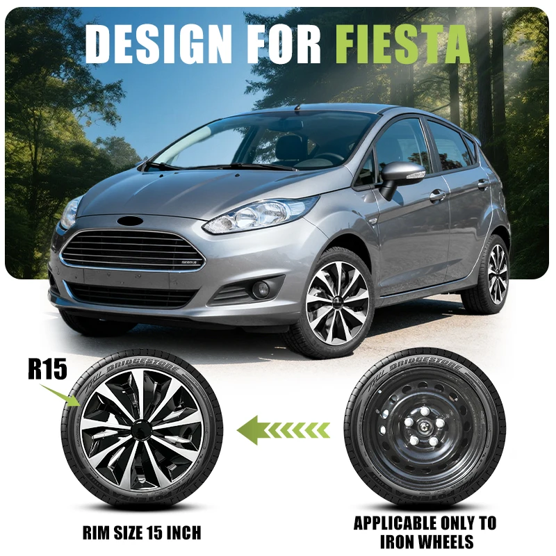 15 inch Knife Style Hubcaps Black & Silver Wheel Covers for Cars Set of 4 Fits Ford Fiesta Hub Caps